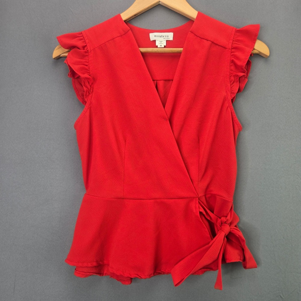 Monteau Red Wrap Blouse Ruffle Cap Sleeve Peplum Top Size M V-Neck Textured Crep